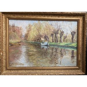 The River In Spring. Eugene Kissling. (1871-1944). Oil On Impressionist Canvas.