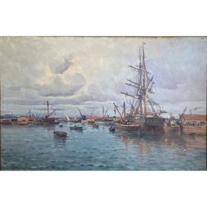 Beautiful Animated View Of The Port Of Le Havre. Pa Colin. French School From The 19th Century.