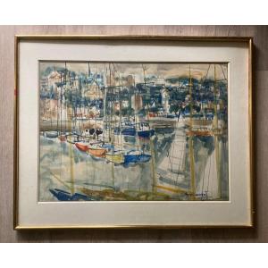 The Port Of Deauville. Pierre Gaillardot. (1910-2002). Large Watercolor.