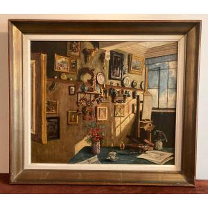 Huile Sur toile Vers 1940; Un perroquet dans l' atelier.