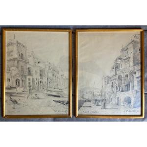 Paire de dessins de Marcel De Chollet. Vues de Naples et Capri. signé, situé, daté 10.
