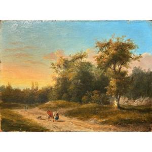 Huile sur panneau . Paysage animé. XIXème . Signé ?