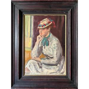 Portrait de jeune femme au chapeau. Toile . trace de signature ? Années 40 ou 50.