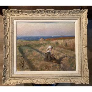 Young Breton Girl By The Sea. Oil On Canvas By Madeleine Fleury. (1860-1940) French School.