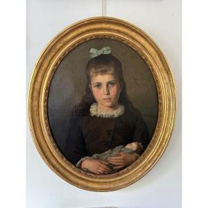 Portrait de fillette  et sa poupée . Toile de l' école française ddu XIXème.