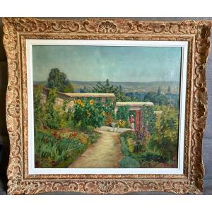 La visite au jardin. Huile sur toile impressionniste de  Henri Charles Julien Havet. Vers 1890.