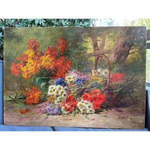 Large Oil On Canvas. Floral Still Life In A Woodland Clearing.
