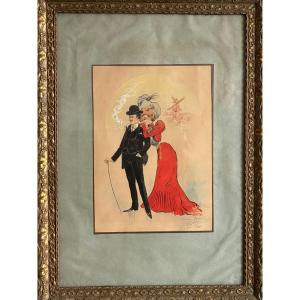 Couple devant le moulin rouge . Raoul Vion. dessin original 1901.