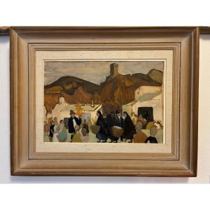 South American Or Spanish Landscape. Oil On Paper. Market Day.