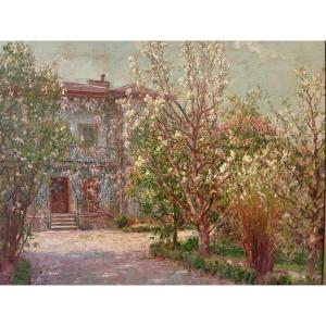 L' allée fleurie et la villa. Toile impressionniste d' Albert Charpentier.