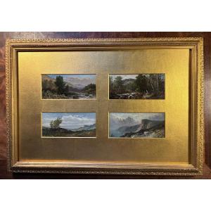 Four Small Landscapes Of England. 19th Century. Oil Paintings.