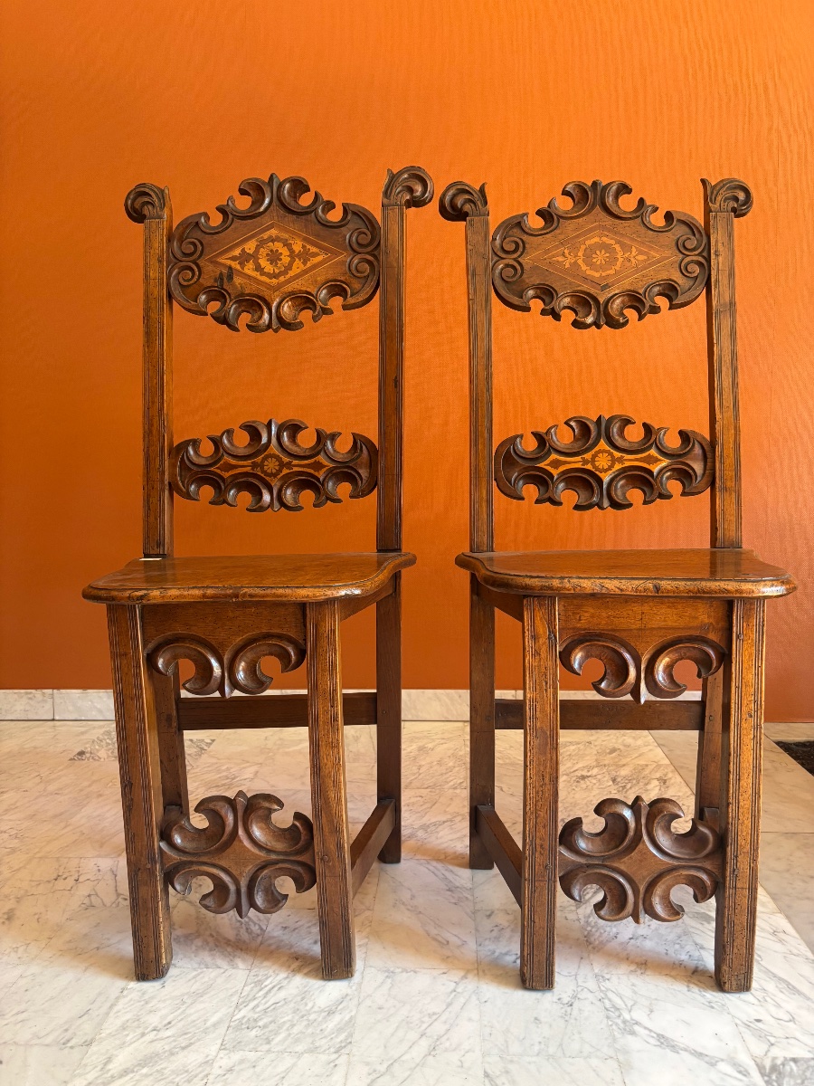 "17th-century Italian Walnut Chairs. Lombardy" 