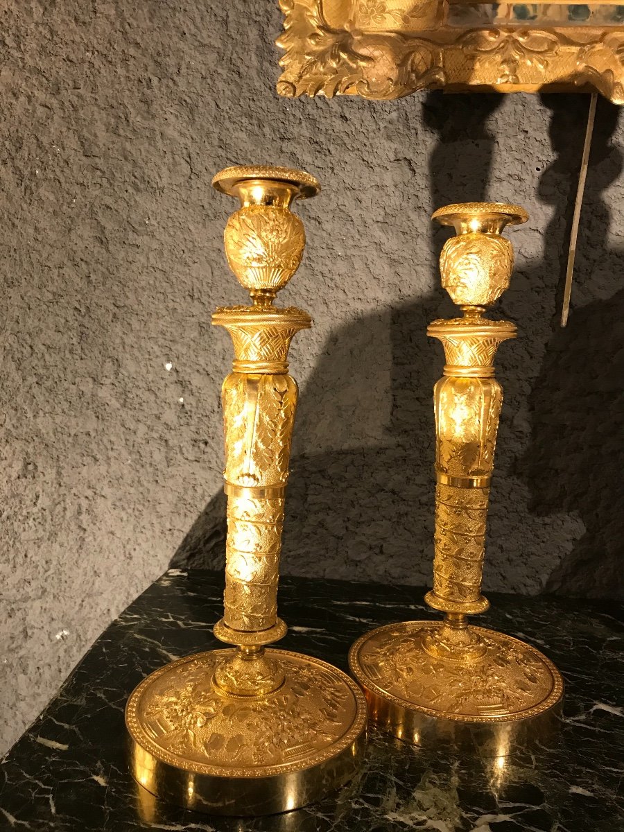 Paire De Bougeoirs En Bronze Doré Restauration -photo-2