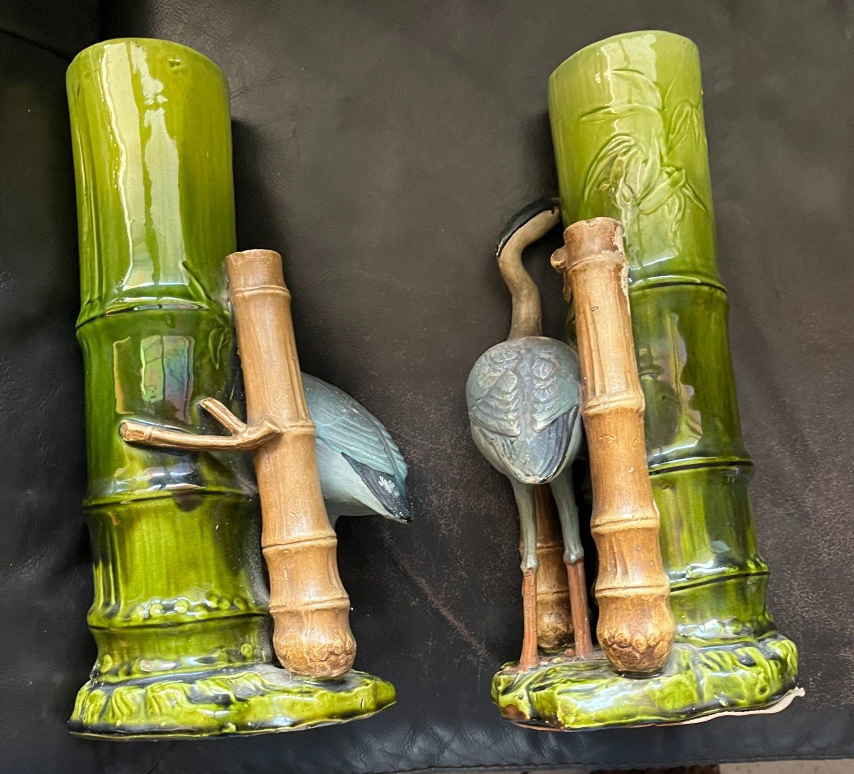 Bretby England : 2 Rares Vase Grues Barbotine-photo-4