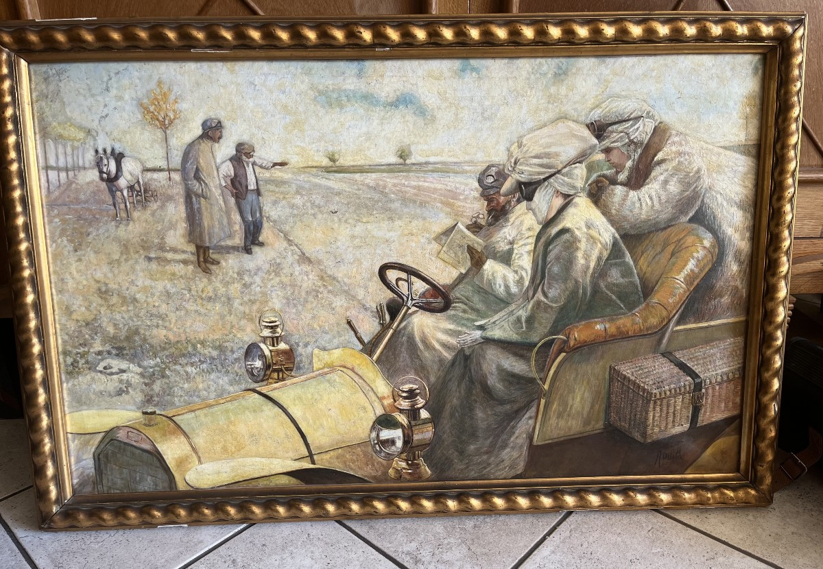 BEAU tableau Huile AUTOMOBILE 1900 / 1920 . signé . Italie ?