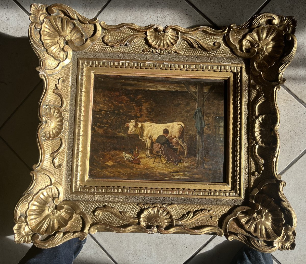 Théodore Lévigne (1848-1912): "farm Scene," Rare Oil Painting, Lyon School-photo-2