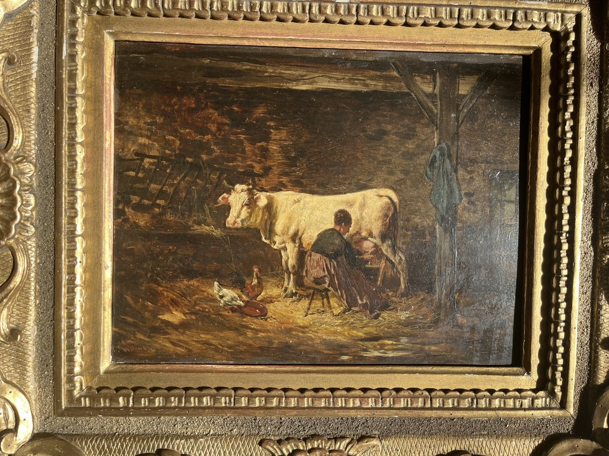 Théodore Lévigne (1848-1912): "farm Scene," Rare Oil Painting, Lyon School