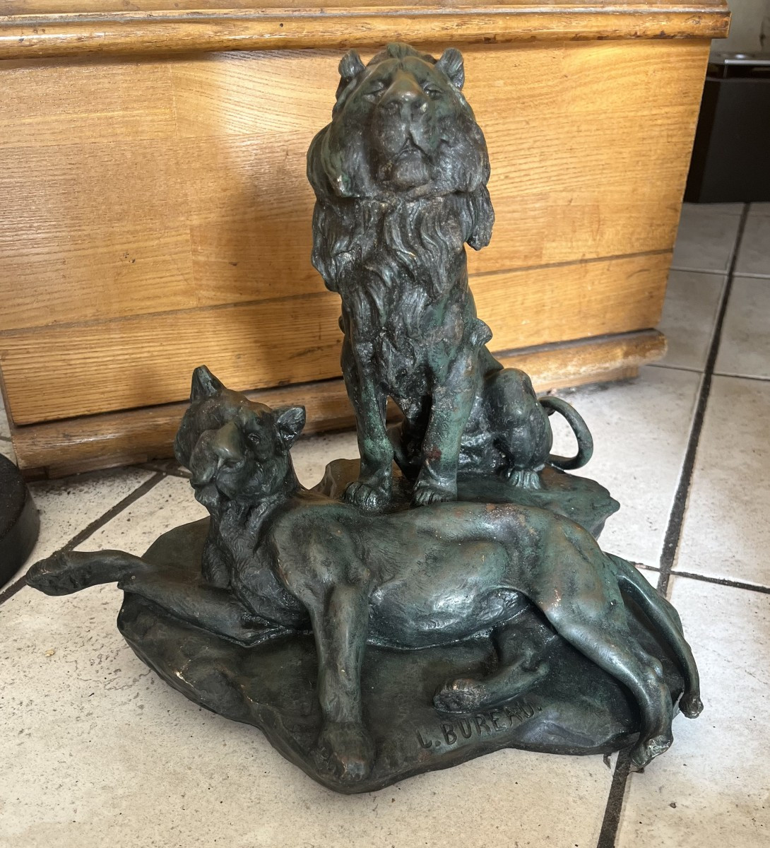 Bronze "lion And Lioness" By Leon Bureau, 19th Century 