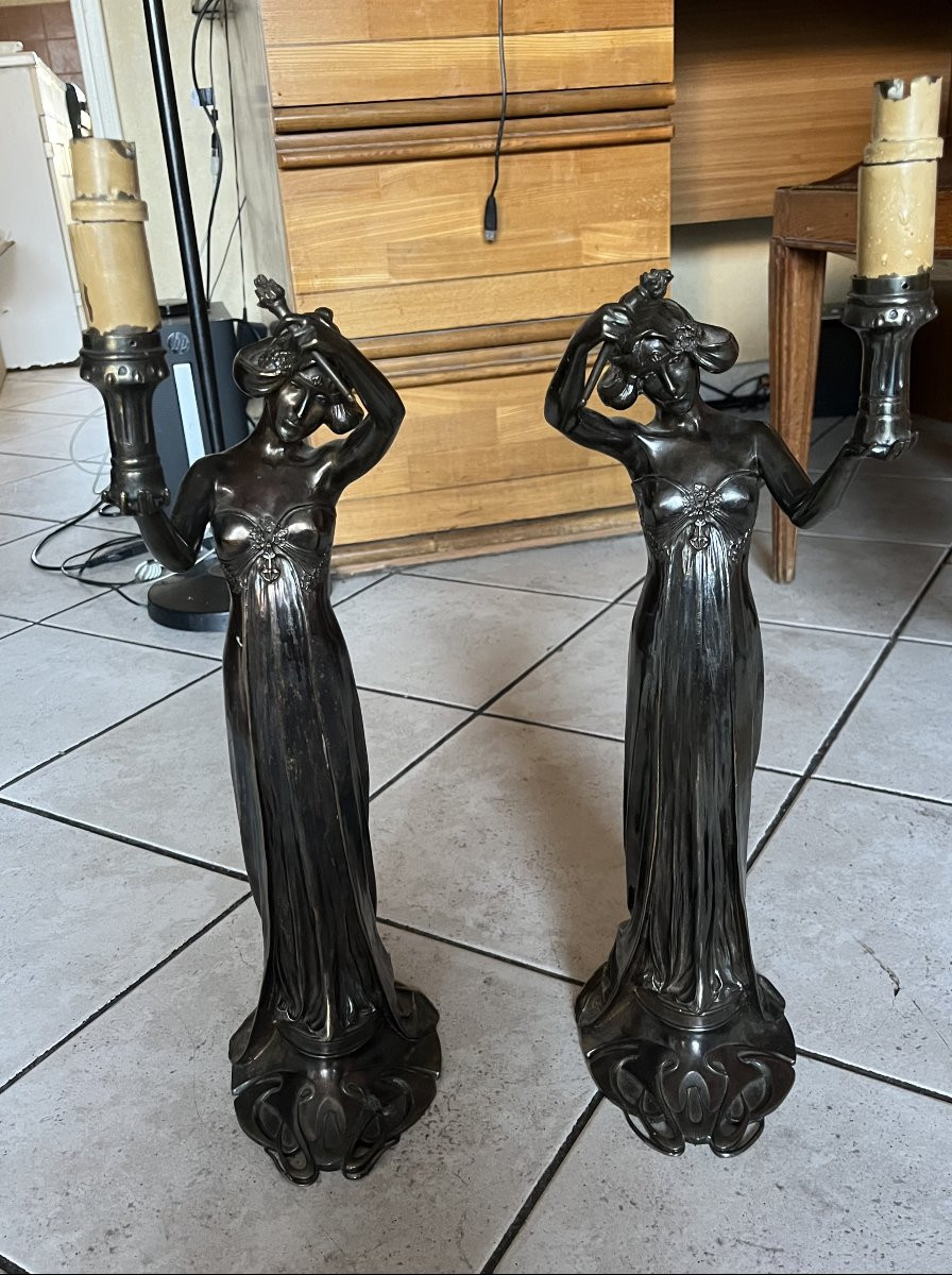 Charles Korschann And Louchet, Foundry, Pair Of Art Nouveau Lamps, Circa 1900-photo-2