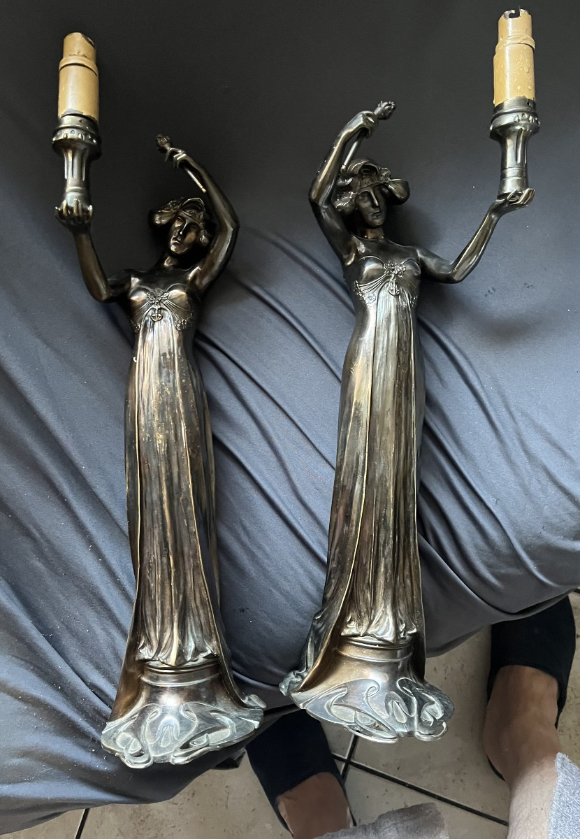 Charles Korschann And Louchet, Foundry, Pair Of Art Nouveau Lamps, Circa 1900