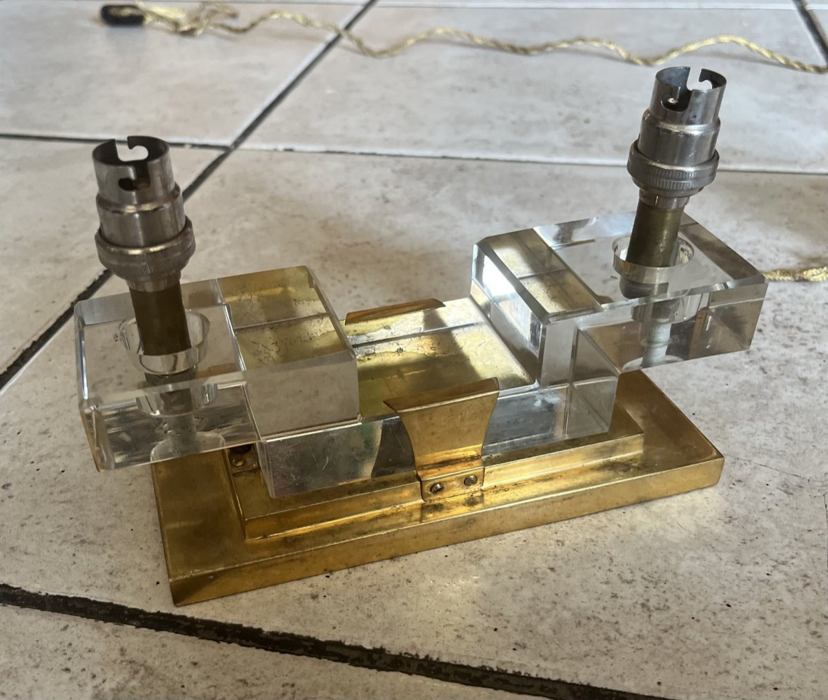Paire de LAMPES MODERNISTE bronze / verre 1930 art deco-photo-2