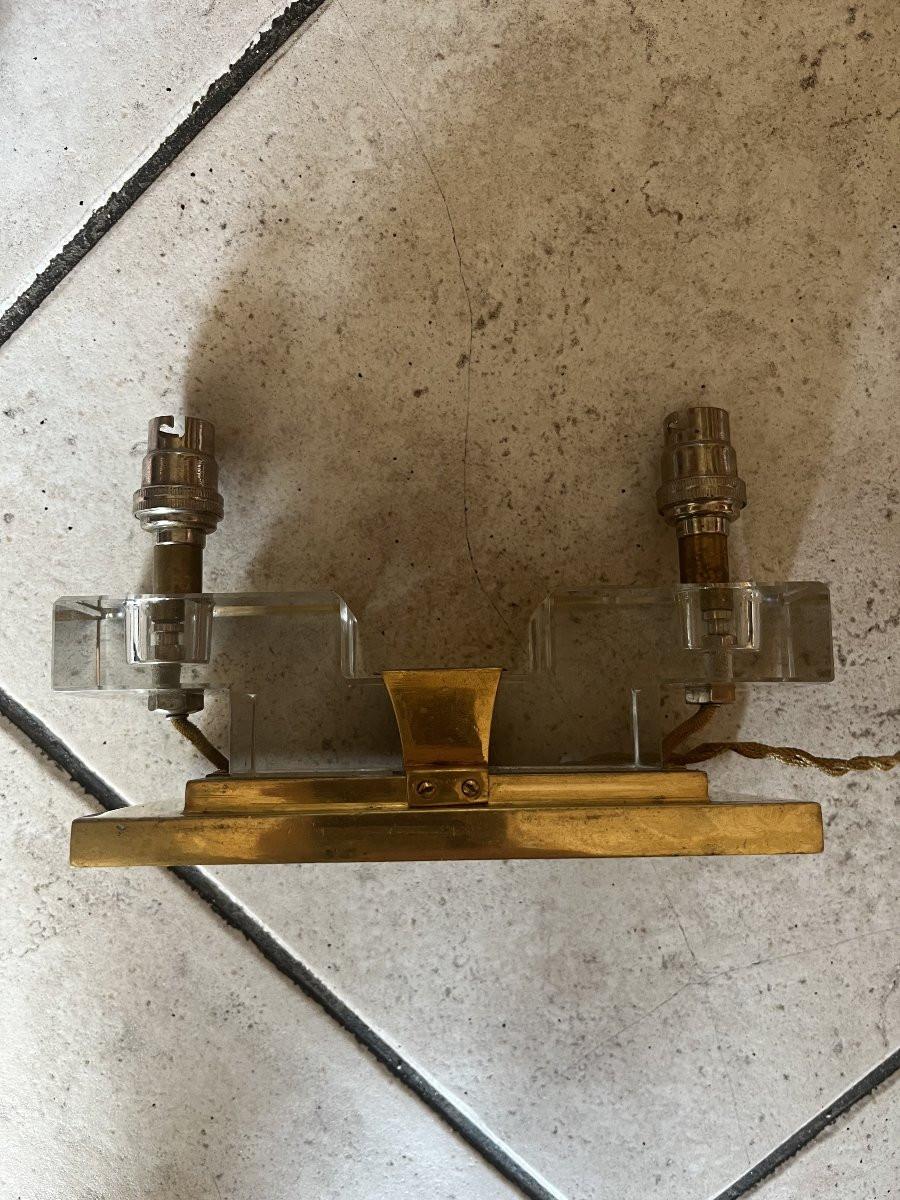 Paire de LAMPES MODERNISTE bronze / verre 1930 art deco-photo-4