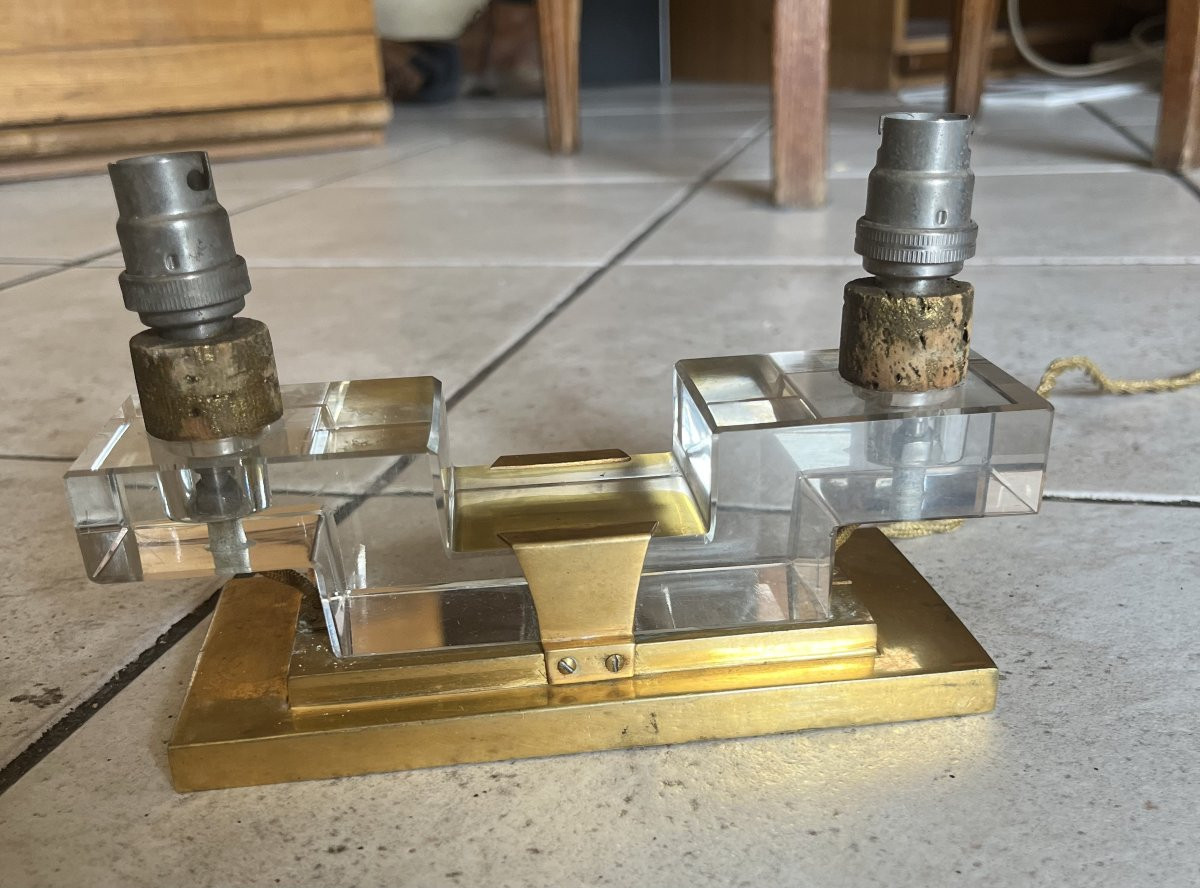 Paire de LAMPES MODERNISTE bronze / verre 1930 art deco-photo-3