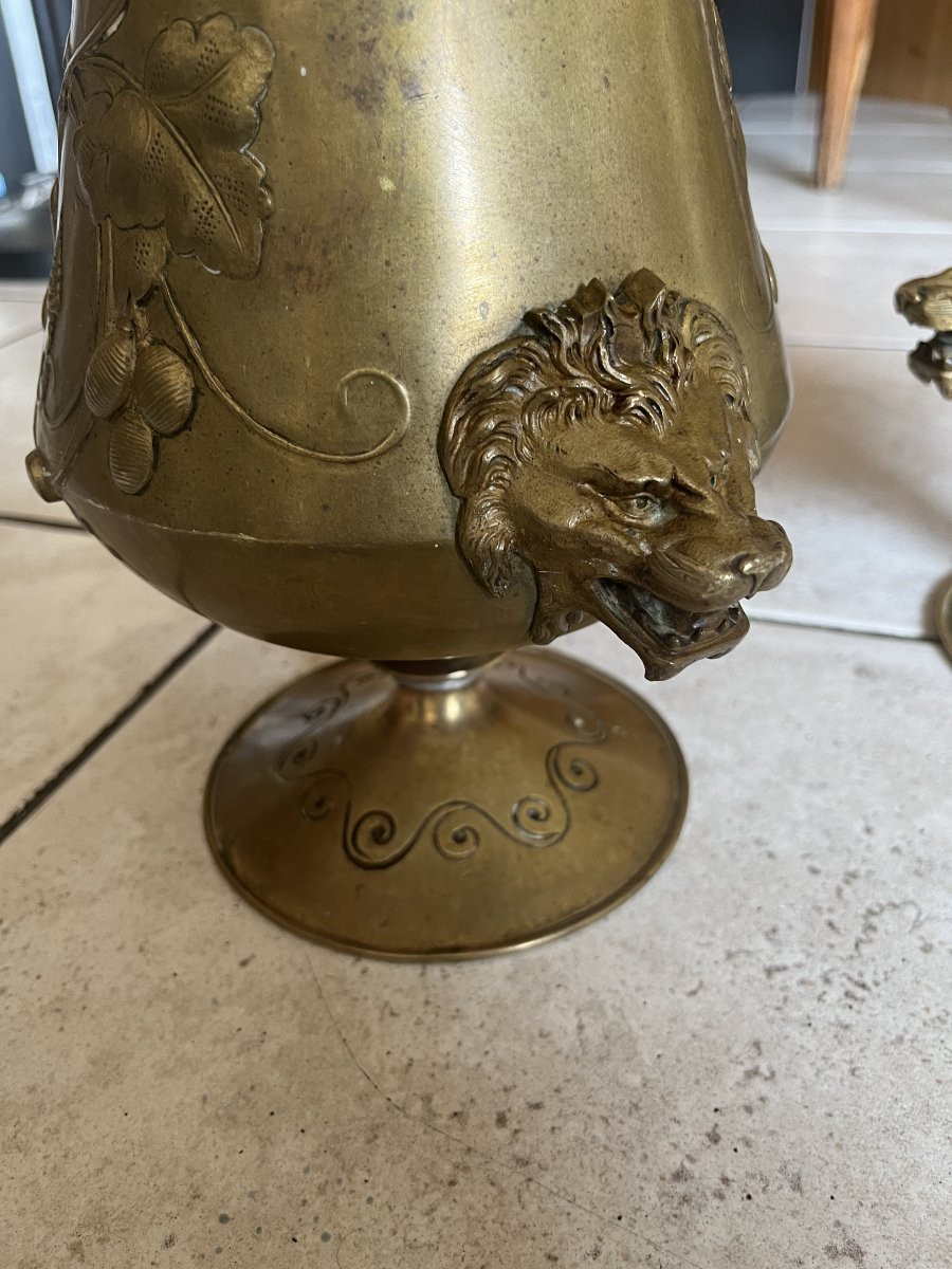 Belle Paire de vases bronze fin 19 -ème signé HOUDON tètes de lions -photo-2