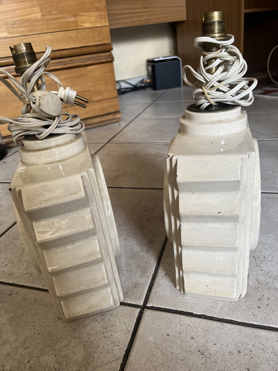 Paire de lampes  faïence CUBIQUE art deco 1930 signé -photo-3