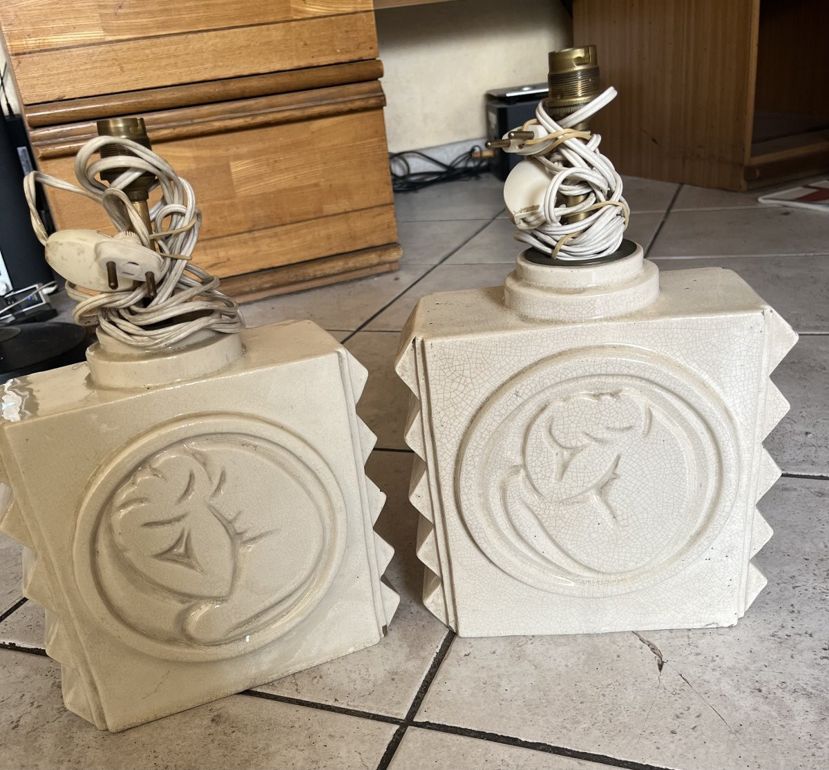 Paire de lampes  faïence CUBIQUE art deco 1930 signé -photo-4