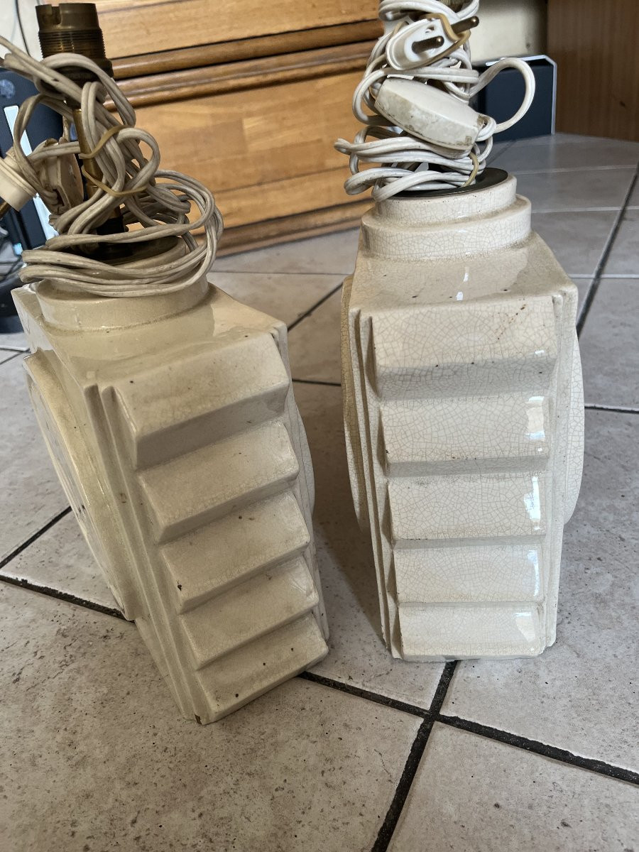 Paire de lampes  faïence CUBIQUE art deco 1930 signé -photo-1