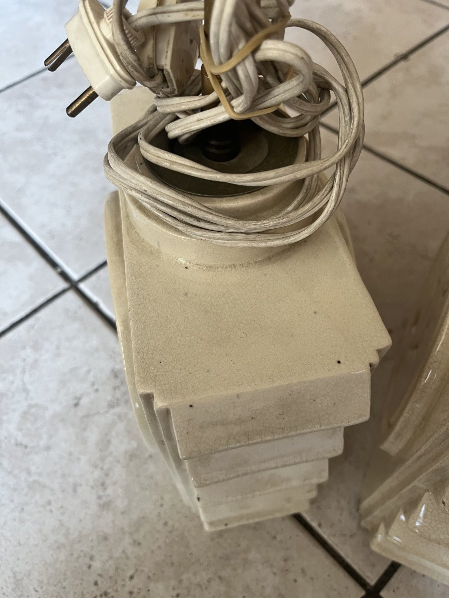 Paire de lampes  faïence CUBIQUE art deco 1930 signé -photo-2