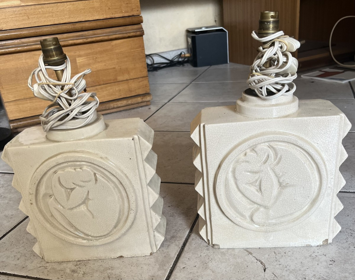 Paire de lampes  faïence CUBIQUE art deco 1930 signé 