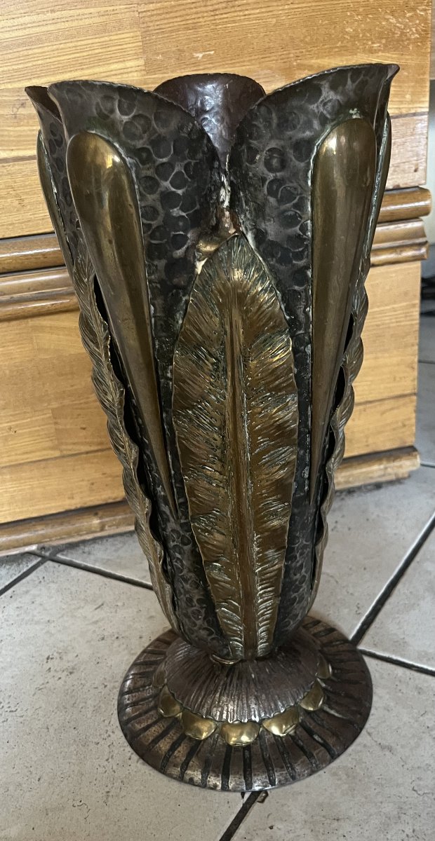 Porte parapluies 1930 art deco . métal forgé et laiton . dinanderie-photo-2