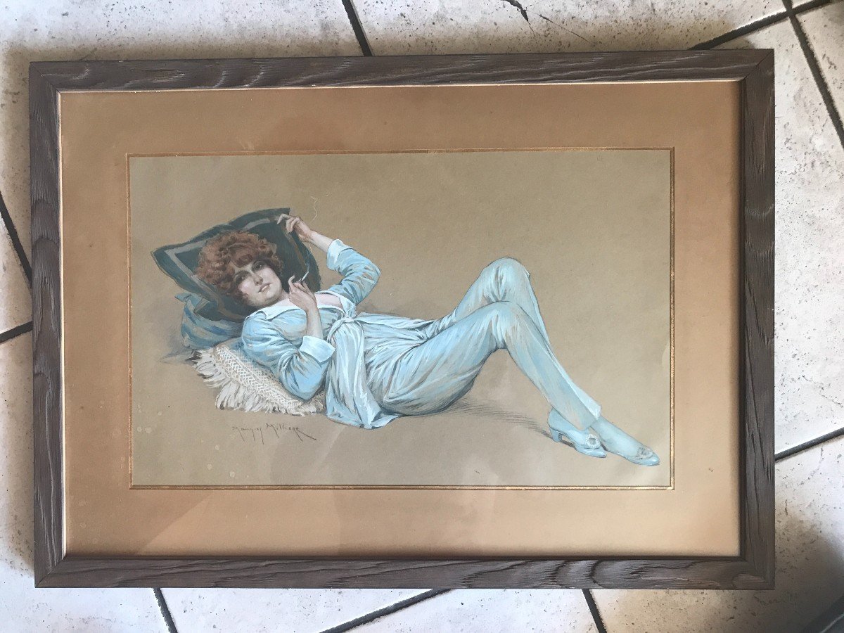 Maurice Millière (1871-1946). Femme Allongée, Fumant Une Cigarette Dessin Original-photo-2