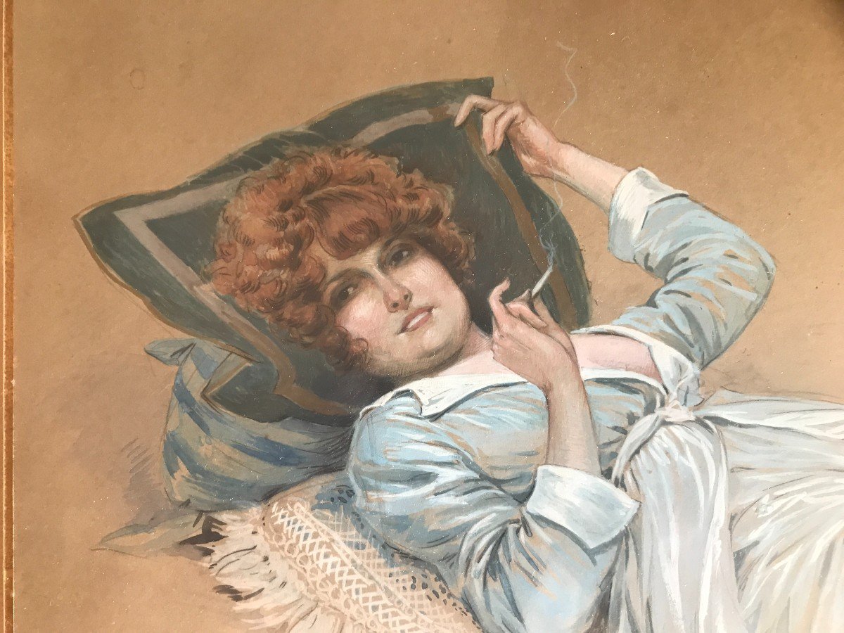 Maurice Millière (1871-1946). Femme Allongée, Fumant Une Cigarette Dessin Original-photo-3