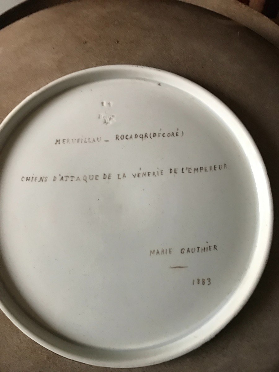 2 Rare Montereau Earthenware Dish Hunting Theme Signed -photo-2