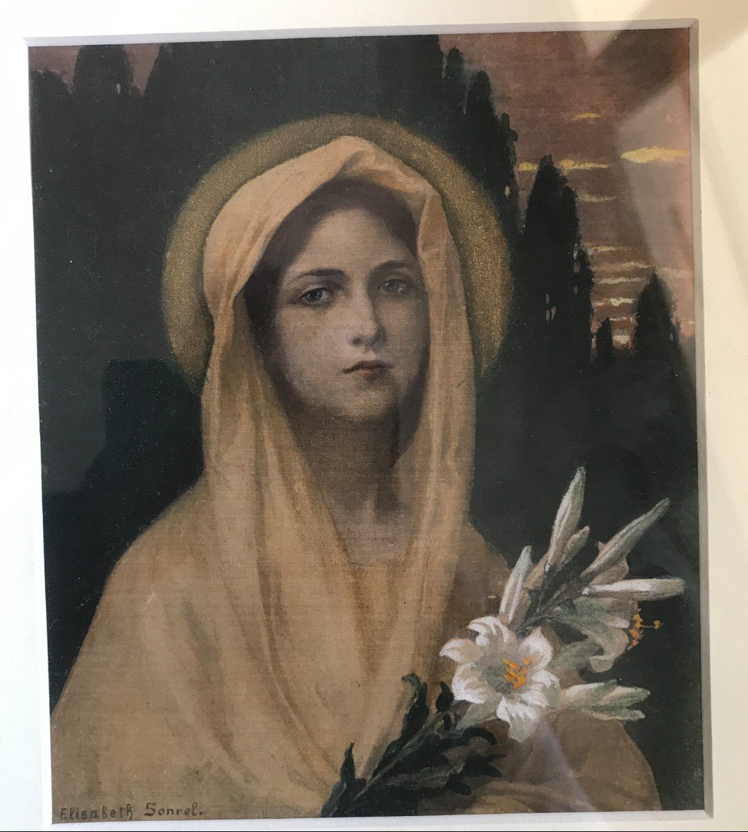 aquarelle  "femme au lys" Elisabeth SONREL 1900 symboliste