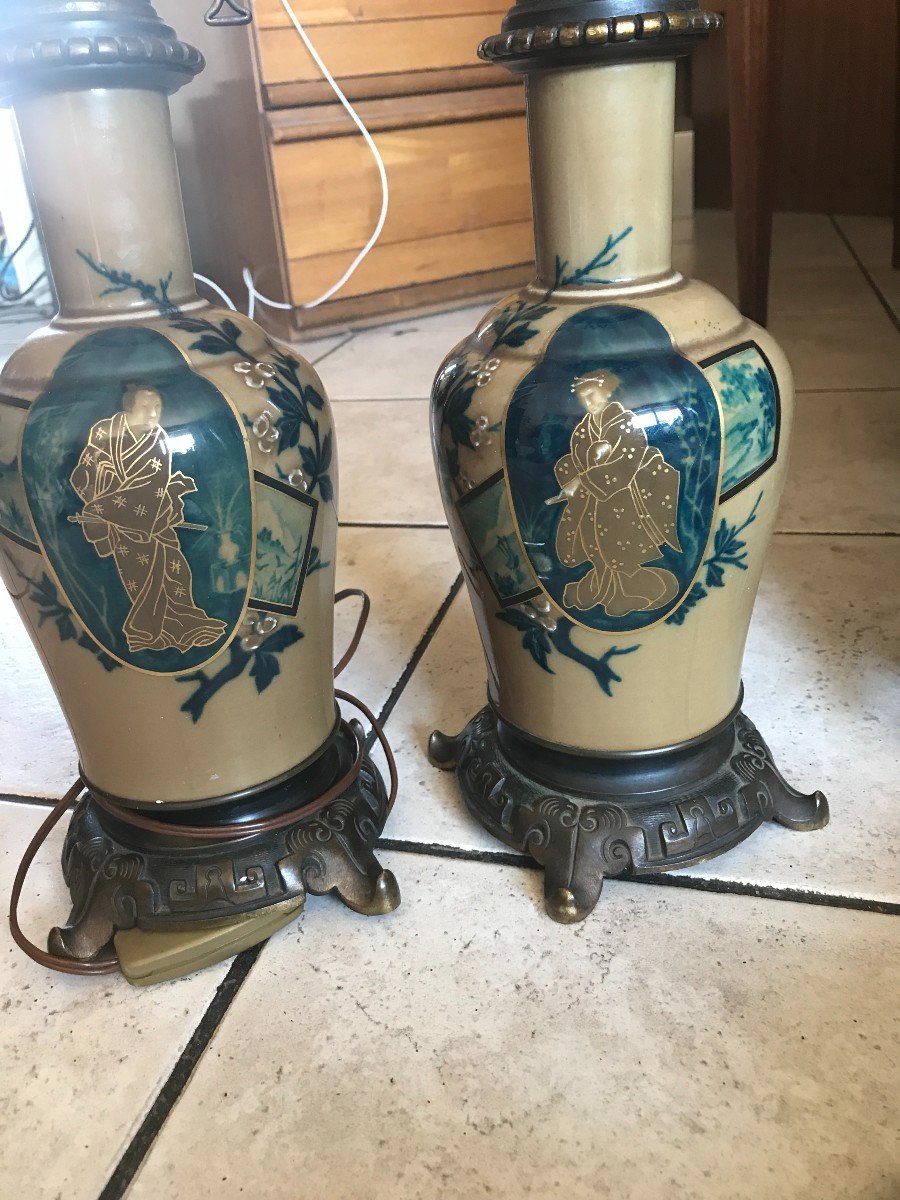 2 Rare Porcelain Enamel Lamps Under Cover Gda? Limoges 1900 Japanese Style-photo-3