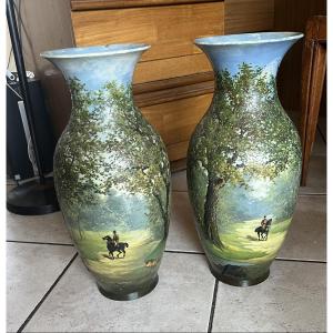 2 Huge 19th Century Barbotine Vases Signed 45.5 Cm!!