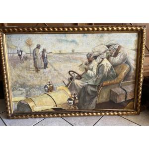 BEAU tableau Huile AUTOMOBILE 1900 / 1920 . signé . Italie ?