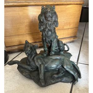 Bronze "lion And Lioness" By Leon Bureau, 19th Century 
