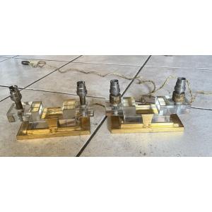 Paire de LAMPES MODERNISTE bronze / verre 1930 art deco