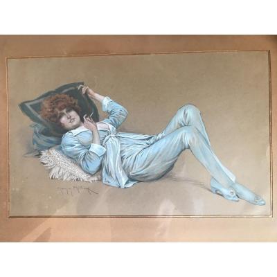 Maurice Millière (1871-1946). Femme Allongée, Fumant Une Cigarette Dessin Original