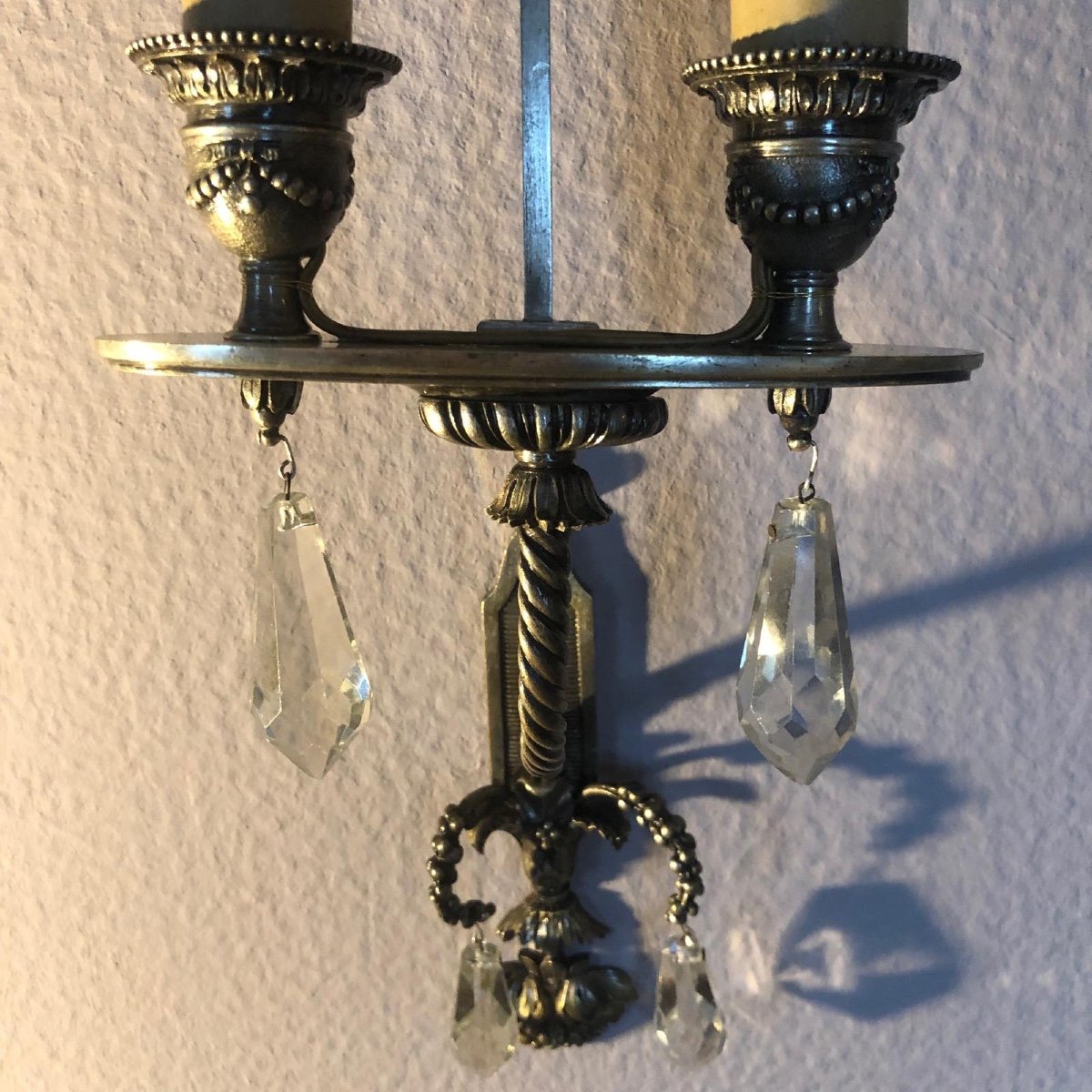 Interesting Pair Of Bronze And Crystal Sconces-photo-4