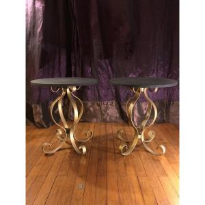 Pair Of Wrought Iron Pedestal Tables Year 70