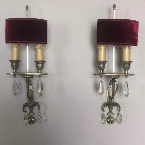 Interesting Pair Of Bronze And Crystal Sconces