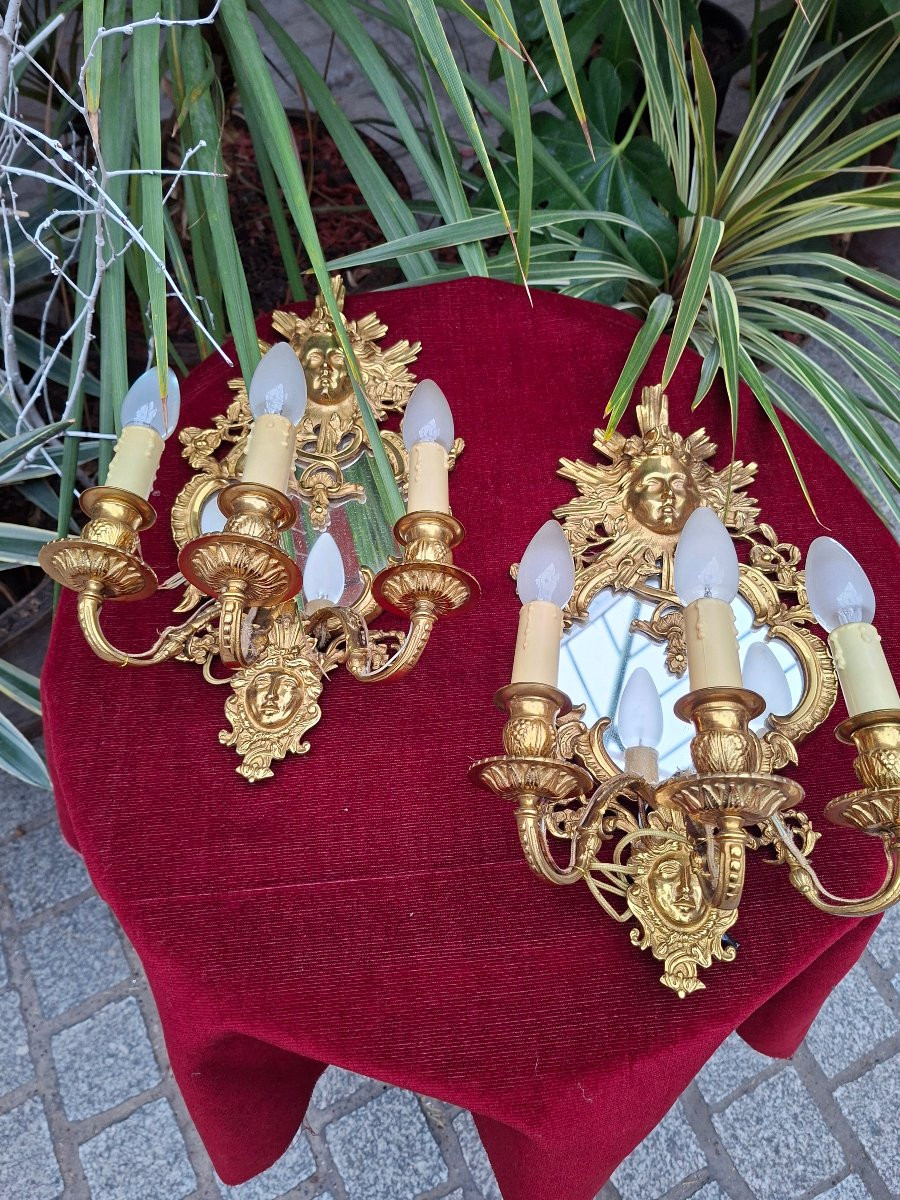 Paire d'appliques miroir en bronze doré-photo-1