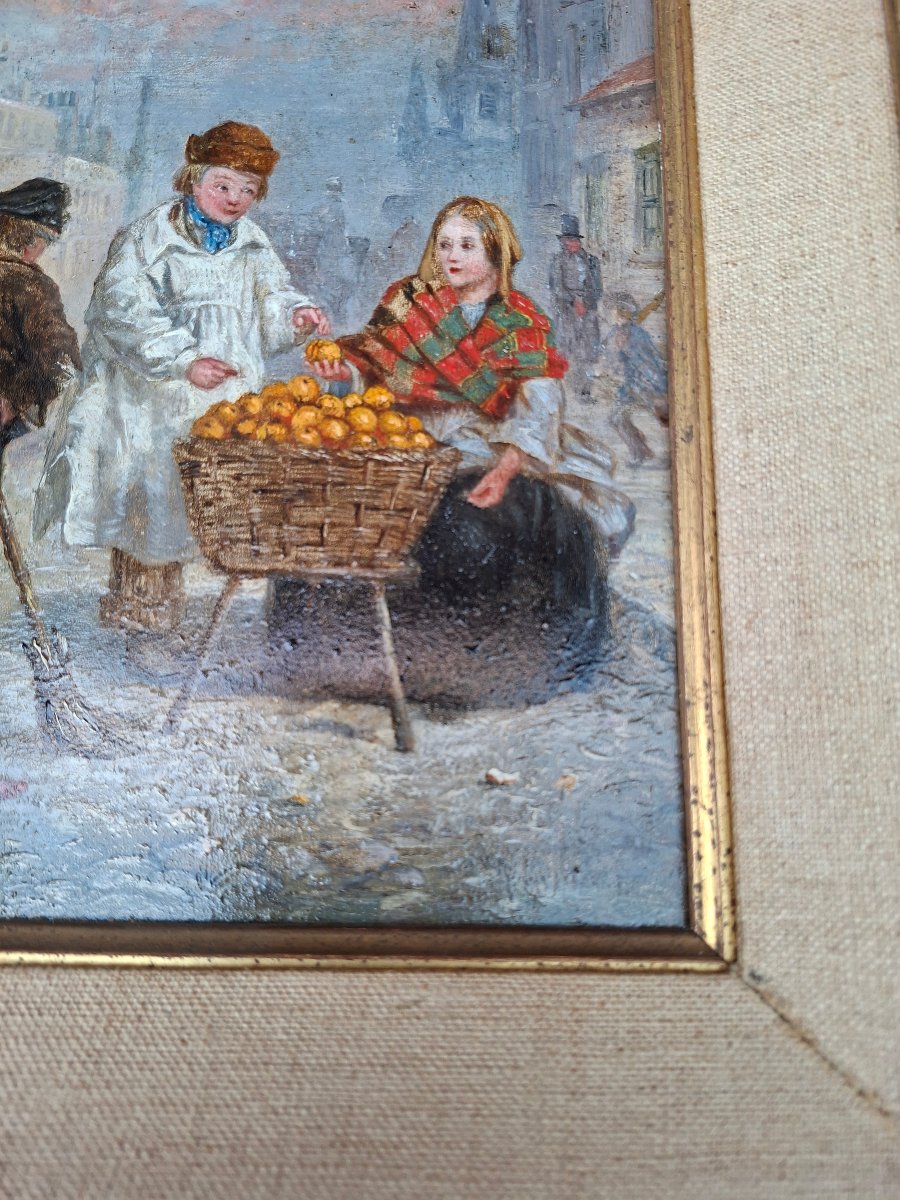 Huile sur panneau. Le petit vendeur d'oranges.-photo-1
