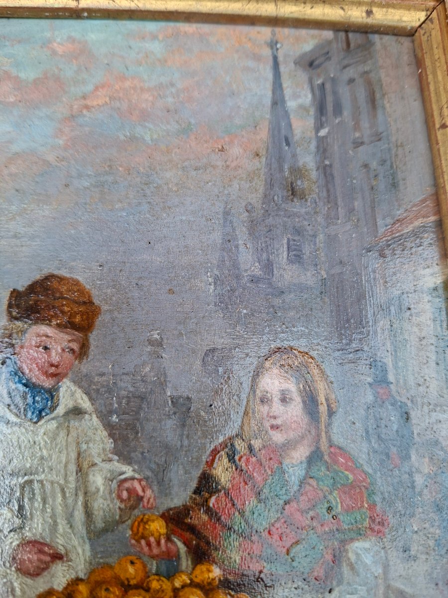Huile sur panneau. Le petit vendeur d'oranges.-photo-3